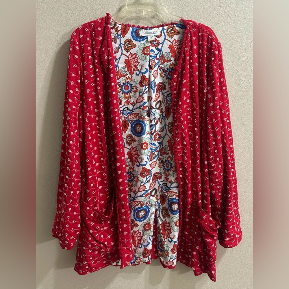 Coldwater Creek Cardigan Sz M Red Embroidered Floral Bohemian Folk Cottagecore
